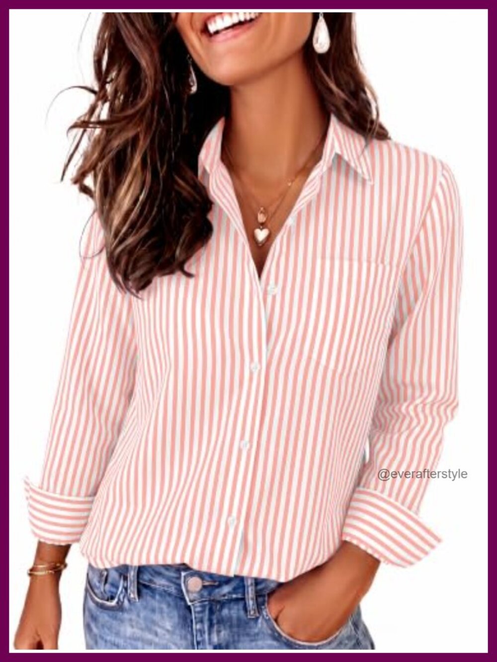 Women's Striped Button Down Shirt Long Sleeve V-Neck Cotton Work Blouse